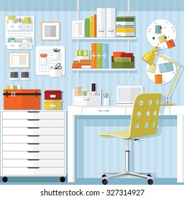 Flat design vector illustration of modern home office interior and laptop