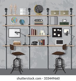 Flat design vector illustration of modern home office interior and laptop