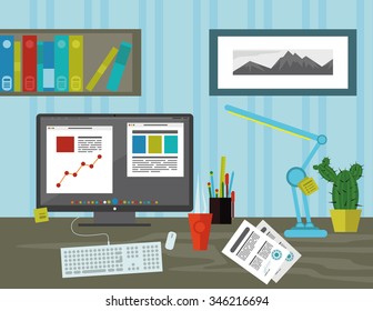 Flat design vector illustration of modern office interior with desktop showing application with interface icons and elements in minimalistic style and color.