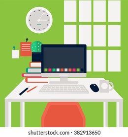 Flat design vector illustration of modern office interior with designer desktop showing design application with interface icons and elements in minimalistic style and color. 