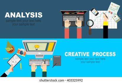 Flat design vector illustration of modern creative designer workspace,business analysis and planning, consulting, team work, project management, financial report and strategy .