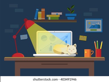 Flat design vector illustration of modern office interior. Creative office workspace with computer, sleeping cat, notes, folders, books, plants, mug. Flat minimalistic style and color