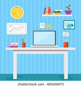 Flat design vector illustration of modern office interior. Creative cartoon office workspace with computer, notes, folders, books, plants, mug. Flat minimalistic style and color. 