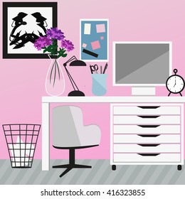 Flat design vector illustration. Modern home office interior.