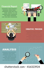 Flat design vector illustration of modern creative designer workspace,business analysis and planning, consulting, team work, project management, financial report and strategy .