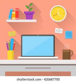 Flat design vector illustration of modern office interior. Creative office workspace with computer, clock, books, plants, mug. Flat minimalistic style. Cartoon workspace. Flat office interior