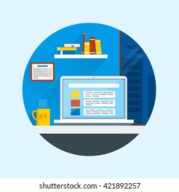 Flat design vector illustration of modern office interior. Creative office workspace with computer, folders, books, window, mug. Flat minimalistic style and color. Cartoon workspace. Flat office