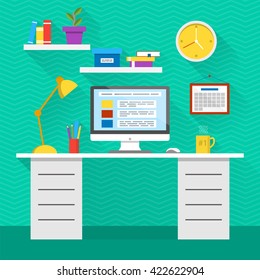 Flat design vector illustration of modern office interior. Creative office workspace with computer, folders, books, plants, mug. Flat minimalistic style and color. Cartoon workspace. Flat office