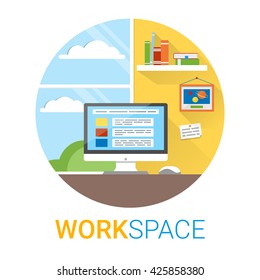 Flat design vector illustration of modern office interior. Creative cartoon workspace with computer, window, notes, books. Minimalistic style and color, long shadows. Flat office workspace, interior