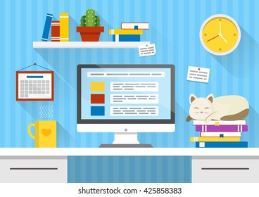 Flat design vector illustration of modern office interior. Creative cartoon workspace with computer, sleeping cat, notes, books. calendar, clock. Minimalistic style and color long shadows. Flat office