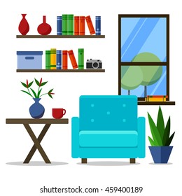 Flat design vector illustration of modern home office. Creative room interior with armchair