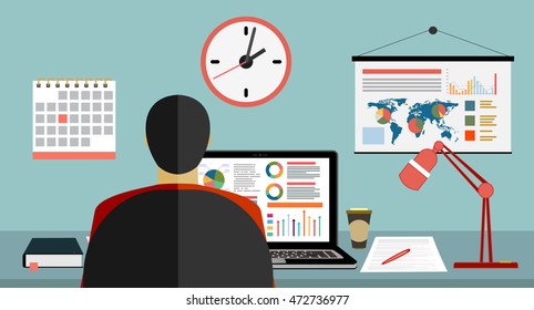 Flat design vector illustration of modern office interior desktop showing design application with interface icons and elements in minimalistic style and color.
