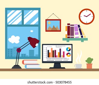 Flat design vector illustration of modern creative office workspace, workplace with computer. vector