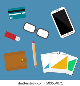 Flat design vector illustration of modern creative office workspace, office symbols.
