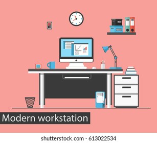 Flat design vector illustration of modern creative office workstation. Office interior.