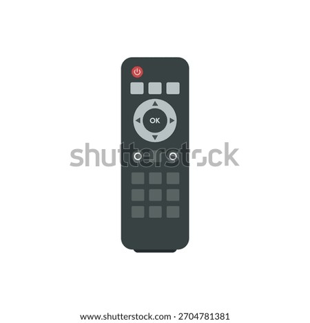 Flat design vector illustration of a modern black remote control with a power button and navigation pad, symbolizing media, home entertainment, technology, control, and electronic devices.