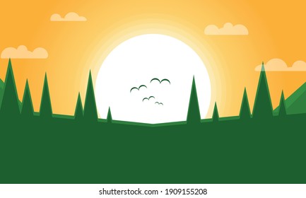 Flat design. Vector illustration - morning sun landscape
