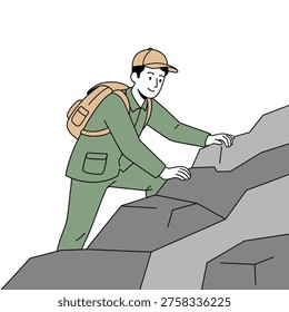 Flat design vector illustration of a mountain climber scaling a rocky hill, wearing outdoor gear and backpack.