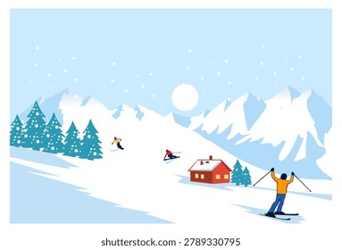 Flat design vector illustration of multiple people skiing down a vast snowy mountain slope next to a cozy red cabin. Features a scenic alpine landscape background with high mountain peaks, pine trees covered in snow, and a large orange sun in the sky. Ideal for winter resort marketing, travel banners, and holiday posters.