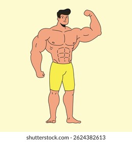 flat design vector illustration, a muscular man is flexing his biceps, wearing yellow shorts and smiling confidently