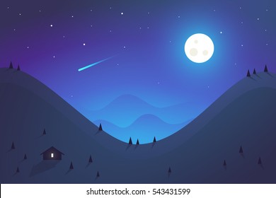 Flat design. Vector illustration - night mountains landscape