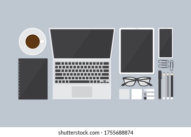 Ilustración vectorial de diseño plano de los suministros de oficina, incluidos los portátiles, el ordenador portátil, el tablet, el smartphone y la papelería. Concepto de negocio.