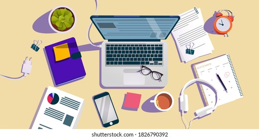 Ilustración vectorial de diseño plano del escritorio de oficina, lugar de trabajo desde la vista superior. Concepto de independiente. Banner para desarrollo web y diseño digital