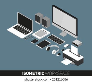 Flat design vector illustration of office workspace. Isometric view of desk background with laptop, office objects, notebook and documents with long shadows