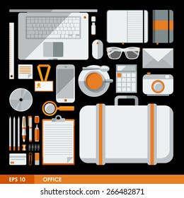 Flat design vector illustration of office icons and elements in minimalistic style and color. Concept of office workspace. Elements for mobile and web applications