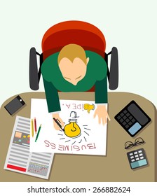 Flat design vector illustration of office workplace. Businessman working at computer in flat design. Concept Business idea.
