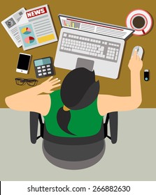 Flat design vector illustration of office workplace. Business Woman working at computer in flat design