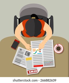 Flat design vector illustration of office workplace. Business Woman working at computer in flat design