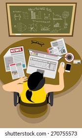 Flat design vector illustration of office workplace. Business Woman working at computer in flat design