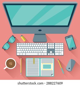 Flat design vector illustration office workplace with long shadows