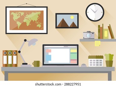 Flat design vector illustration office workspace with long shadows