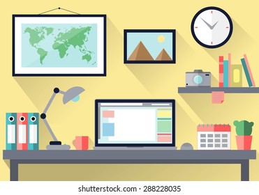 Flat design vector illustration office workspace with long shadows