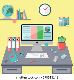 Flat design vector illustration office workspace