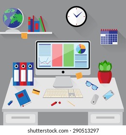 Flat design vector illustration office workspace