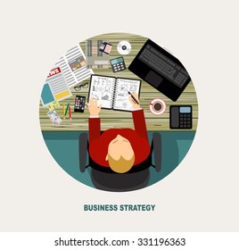 Flat design vector illustration of office workplace. Business Men working at computer in flat design