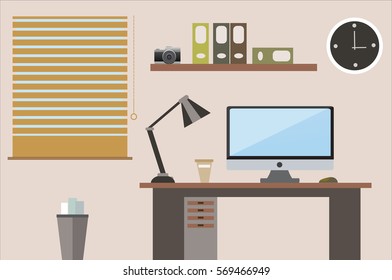 Flat design vector illustration office workspace brown shades
