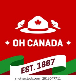 Flat design vector illustration of Oh Canada graphic with Mountie hat and beavers