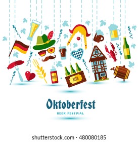 Flat design vector illustration with oktoberfest celebration symbols. Oktoberfest celebration design with Bavarian hat and autumn leaves and germany symbols.