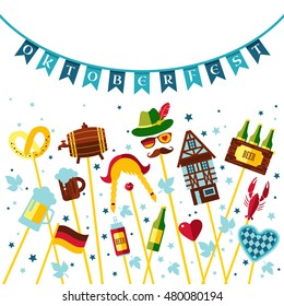 Flat design vector illustration with oktoberfest celebration symbols. Oktoberfest celebration design with Bavarian hat and autumn leaves and germany symbols.