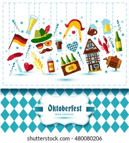 Flat design vector illustration with oktoberfest celebration symbols. Oktoberfest celebration design with Bavarian hat and autumn leaves and germany icons on blue background.