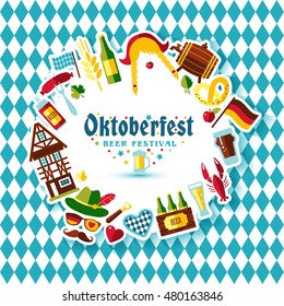 Flat design vector illustration with oktoberfest celebration symbols. Oktoberfest celebration design with Bavarian hat and autumn and germany symbols.Autumn banner on blue background.