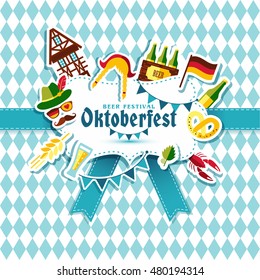 Flat design vector illustration with oktoberfest celebration symbols. Oktoberfest celebration design with Bavarian hat and autumn and germany symbols.Autumn banner on blue background.