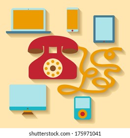 Flat design vector illustration. Old phone and modern devices