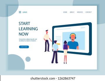 Flat design vector illustration of online education. Start learning now. Small people watch online lesson with teacher speaking from computer monitor. Web page template.