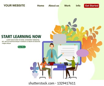 Flat design vector illustration of online education. Start learning now. Small people watch online lesson with teacher speaking from computer monitor. Web page template.
