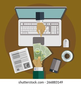 Flat design vector illustration of online banking. Human hands and money  in the computer monitor
